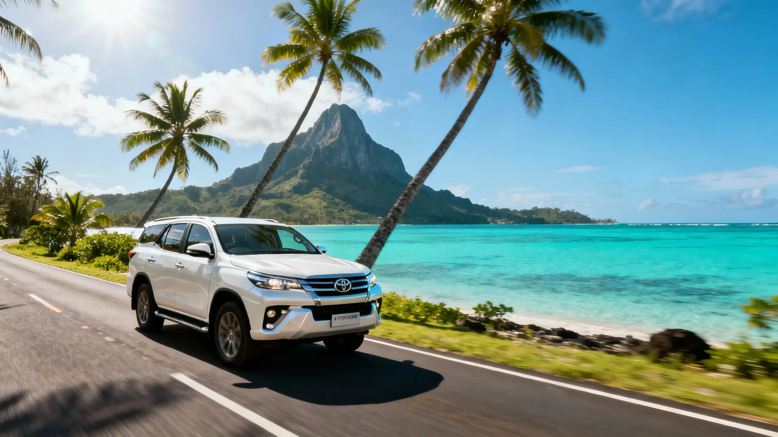 SUV sur route côtière à Maurice avec Le Morne en arrière-plan